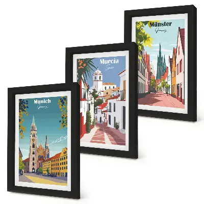 Set de 3 tablouri cu ilustrații colorate ale orașelor europene