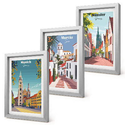 Set 3 tablouri Orașe europene în ilustrații colorate