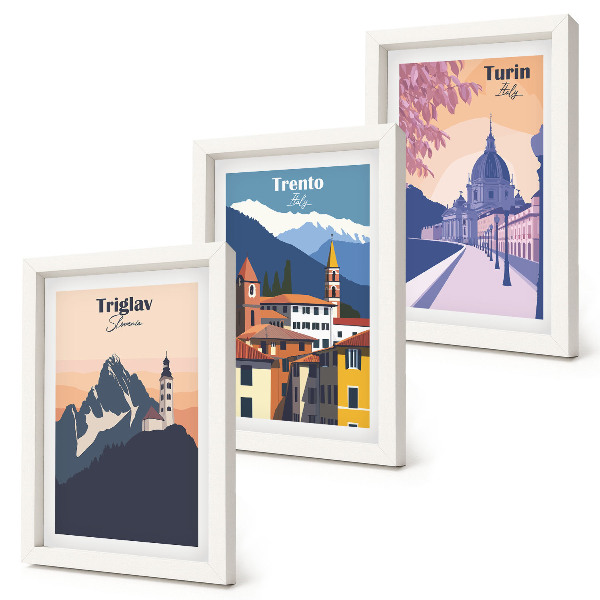 Set 3 tablouri Ilustrații colorate de munți și arhitectură retro