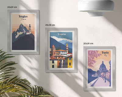 Set 3 tablouri Ilustrații colorate de munți și arhitectură retro
