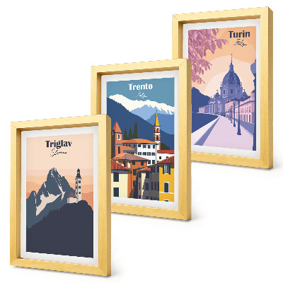 Set 3 tablouri Ilustrații colorate de munți și arhitectură retro