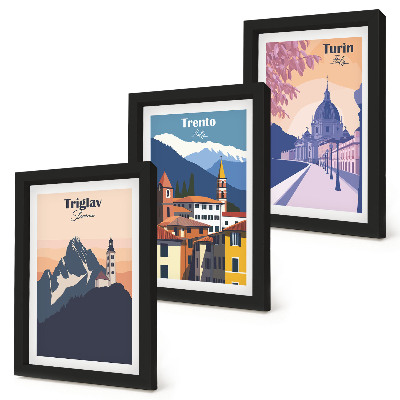 Set 3 tablouri Ilustrații colorate de munți și arhitectură retro