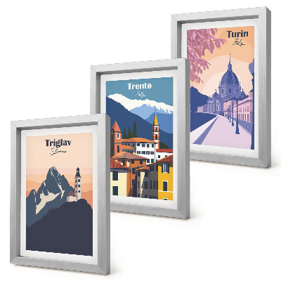 Set 3 tablouri Ilustrații colorate de munți și arhitectură retro