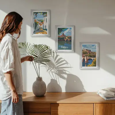 Galerie de perete cu grafică în stil retro a orașelor celebre
