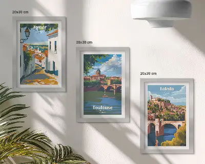 Galerie de perete cu grafică în stil retro a orașelor celebre