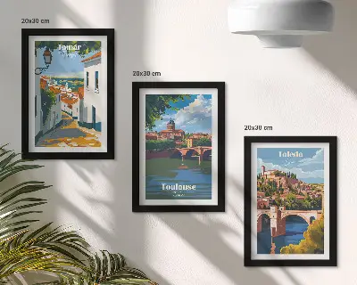 Galerie de perete cu grafică în stil retro a orașelor celebre