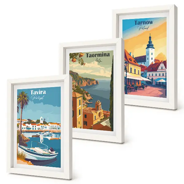 Set 3 tablouri cu vederi ale orașelor de coastă și arhitectură
