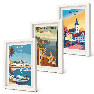 Set 3 tablouri Vederi ale orașelor de coastă și ale arhitecturii lor
