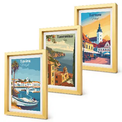 Set 3 tablouri cu vederi ale orașelor de coastă și arhitectură