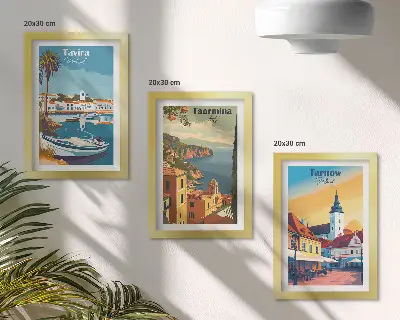 Set 3 tablouri cu vederi ale orașelor de coastă și arhitectură
