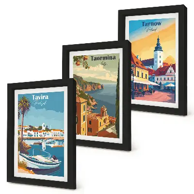 Set 3 tablouri cu vederi ale orașelor de coastă și arhitectură
