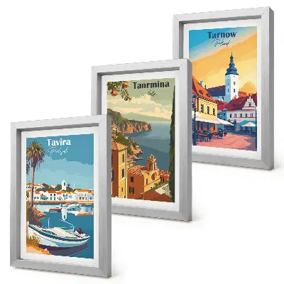 Set 3 tablouri cu vederi ale orașelor de coastă și arhitectură