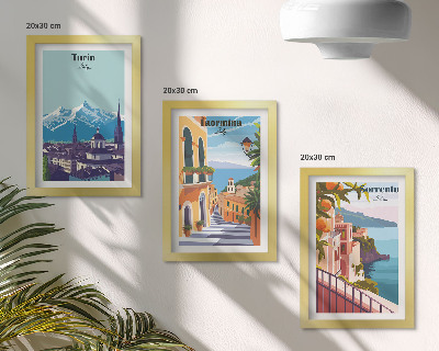 Set 3 tablouri Peisaje urbane ilustrative colorate, în stil retro