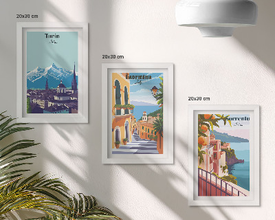 Set 3 tablouri Peisaje urbane ilustrative colorate, în stil retro
