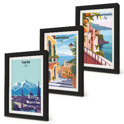 Set 3 tablouri Peisaje urbane ilustrative colorate, în stil retro