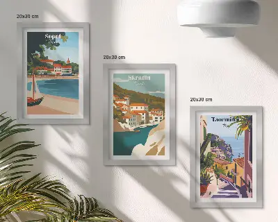 Set 3 tablouri cu ilustrații elegante reprezentând vederi ale orașului la malul mării