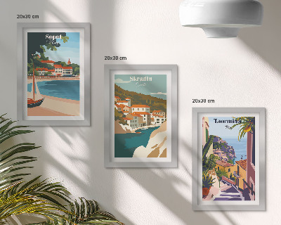 Set 3 tablouri Ilustrații elegante cu vederi ale orașului la malul mării