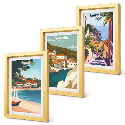 Set 3 tablouri cu ilustrații elegante reprezentând vederi ale orașului la malul mării