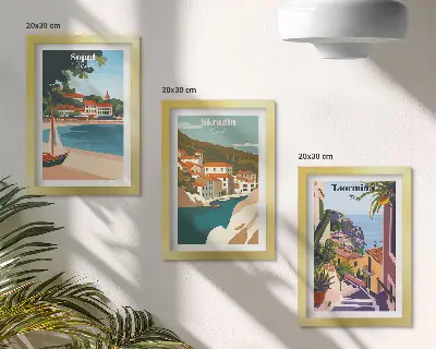 Set 3 tablouri cu ilustrații elegante reprezentând vederi ale orașului la malul mării