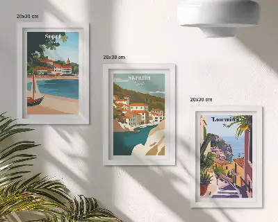 Set 3 tablouri cu ilustrații elegante reprezentând vederi ale orașului la malul mării