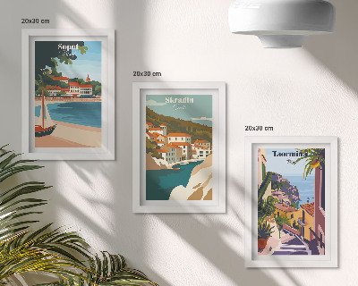Set 3 tablouri Ilustrații elegante cu vederi ale orașului la malul mării