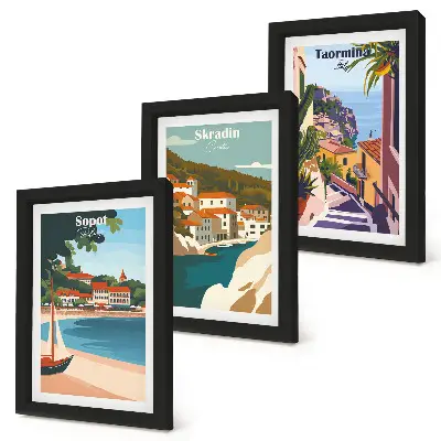 Set 3 tablouri cu ilustrații elegante reprezentând vederi ale orașului la malul mării