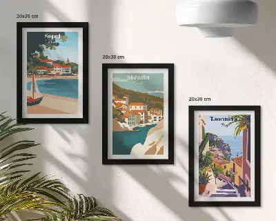 Set 3 tablouri cu ilustrații elegante reprezentând vederi ale orașului la malul mării