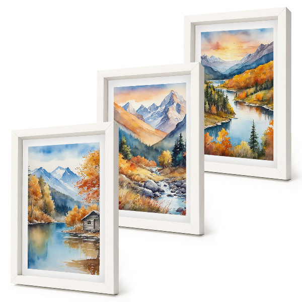 Set 3 tablouri Peisaj montan cu râu și copaci de toamnă