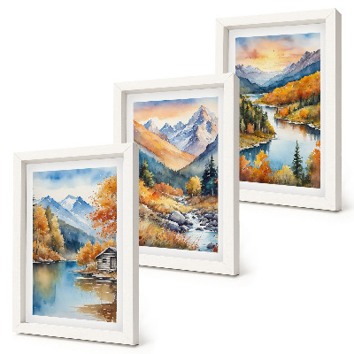 Set 3 tablouri Peisaj montan cu râu și copaci de toamnă