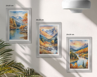 Set 3 tablouri Peisaj montan cu râu și copaci de toamnă