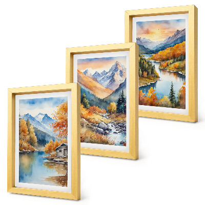 Set 3 tablouri Peisaj montan cu râu și copaci de toamnă