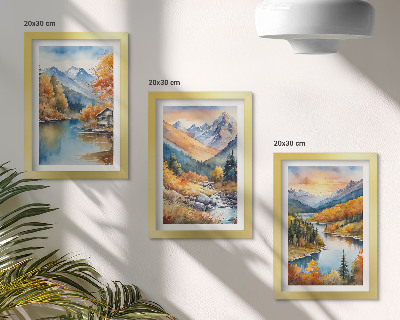 Set 3 tablouri Peisaj montan cu râu și copaci de toamnă