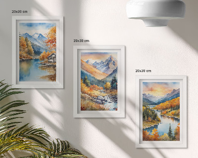 Set 3 tablouri Peisaj montan cu râu și copaci de toamnă