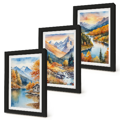 Set 3 tablouri Peisaj montan cu râu și copaci de toamnă