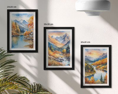 Set 3 tablouri Peisaj montan cu râu și copaci de toamnă
