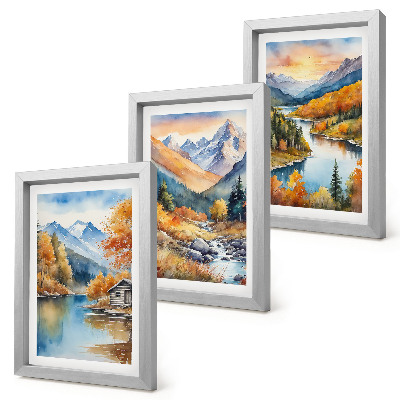 Set 3 tablouri Peisaj montan cu râu și copaci de toamnă