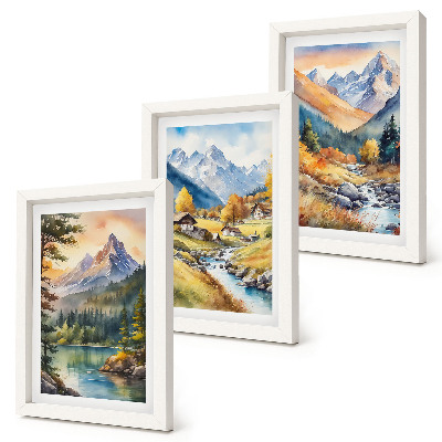Set 3 tablouri Un peisaj montan cu un râu și căsuțe în culorile toamnei