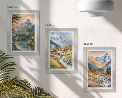 Set 3 tablouri Un peisaj montan cu un râu și căsuțe în culorile toamnei