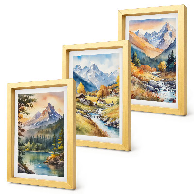Set 3 tablouri Un peisaj montan cu un râu și căsuțe în culorile toamnei