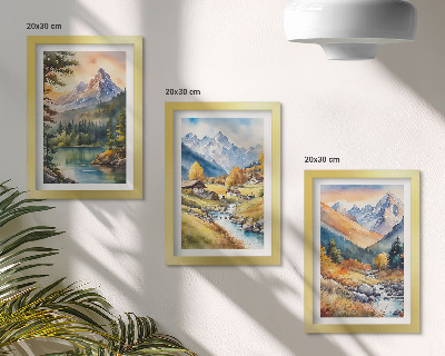 Set 3 tablouri Un peisaj montan cu un râu și căsuțe în culorile toamnei