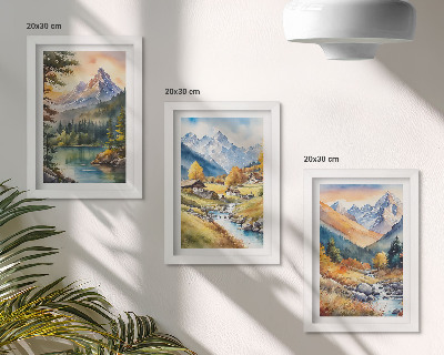 Set 3 tablouri Un peisaj montan cu un râu și căsuțe în culorile toamnei