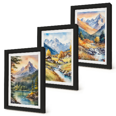 Set 3 tablouri Un peisaj montan cu un râu și căsuțe în culorile toamnei