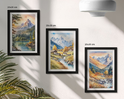 Set 3 tablouri Un peisaj montan cu un râu și căsuțe în culorile toamnei