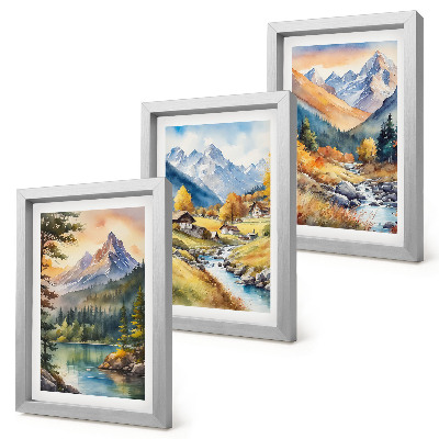 Set 3 tablouri Un peisaj montan cu un râu și căsuțe în culorile toamnei