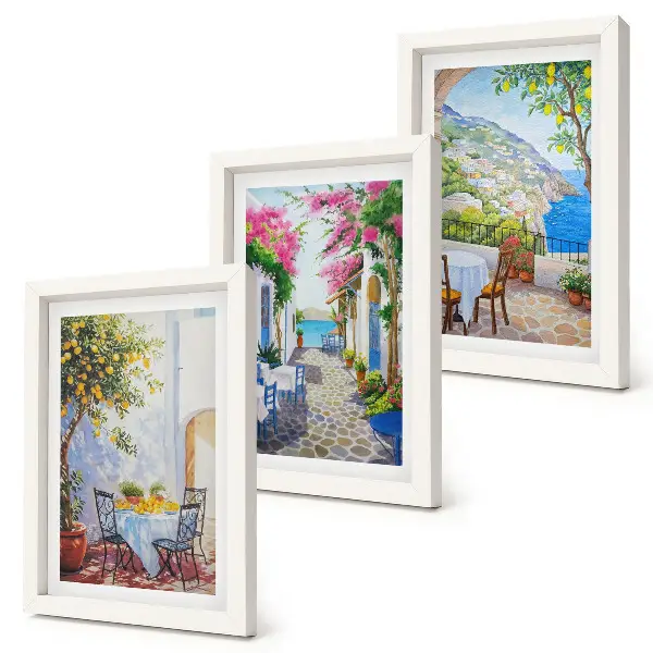 Set de 3 tablouri cu străzi fermecătoare, plante înflorite și priveliști spre mare