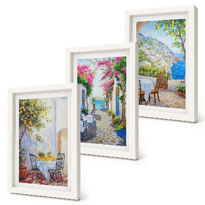 Set 3 tablouri Străzi fermecătoare cu plante înflorite și priveliști spre mare