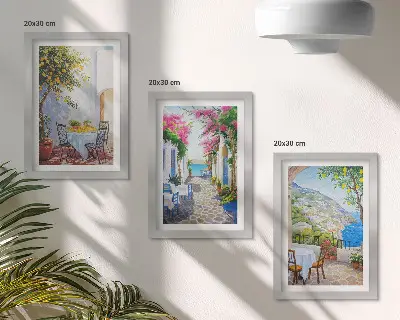Set de 3 tablouri cu străzi fermecătoare, plante înflorite și priveliști spre mare