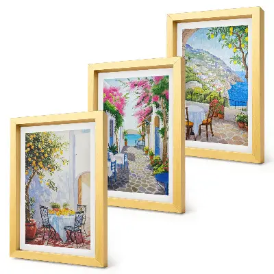 Set de 3 tablouri cu străzi fermecătoare, plante înflorite și priveliști spre mare