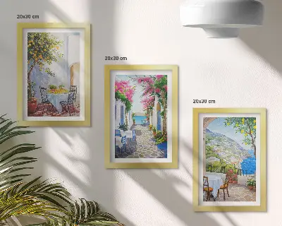 Set de 3 tablouri cu străzi fermecătoare, plante înflorite și priveliști spre mare