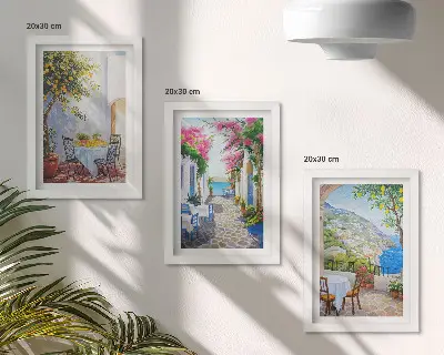 Set de 3 tablouri cu străzi fermecătoare, plante înflorite și priveliști spre mare